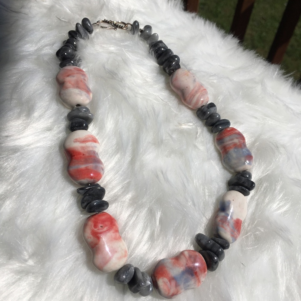 Handmade Necklace Ceramic and River Pebbles